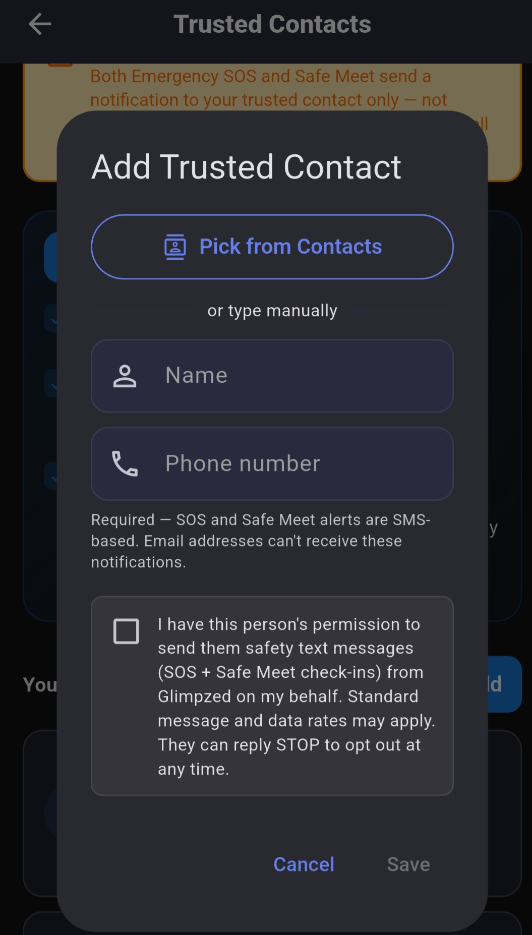 Add Trusted Contact dialog — consent checkbox UNCHECKED, Save button greyed out / disabled. Proves that consent is required before the account holder can complete the add-contact action.