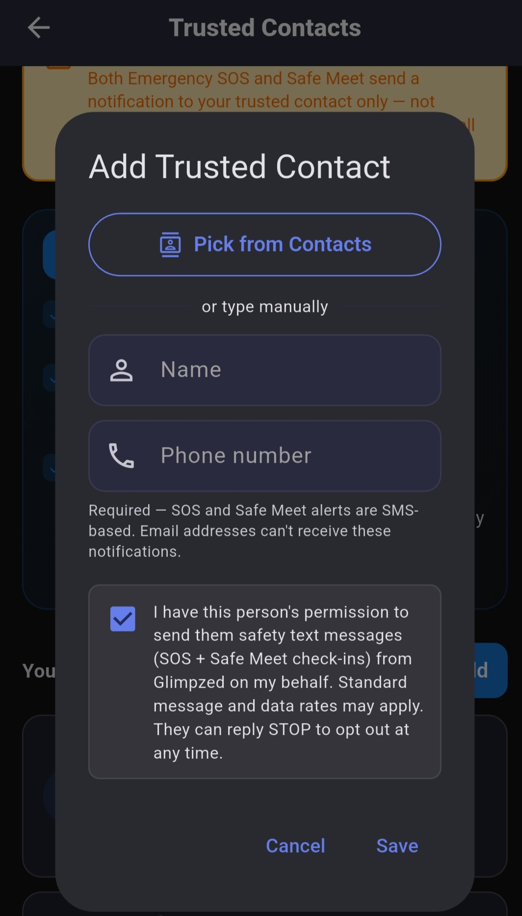 Add Trusted Contact dialog — consent checkbox CHECKED, Save button active/blue. Proves that after the user affirmatively ticks the consent checkbox, and only then, they can complete the add-contact action.